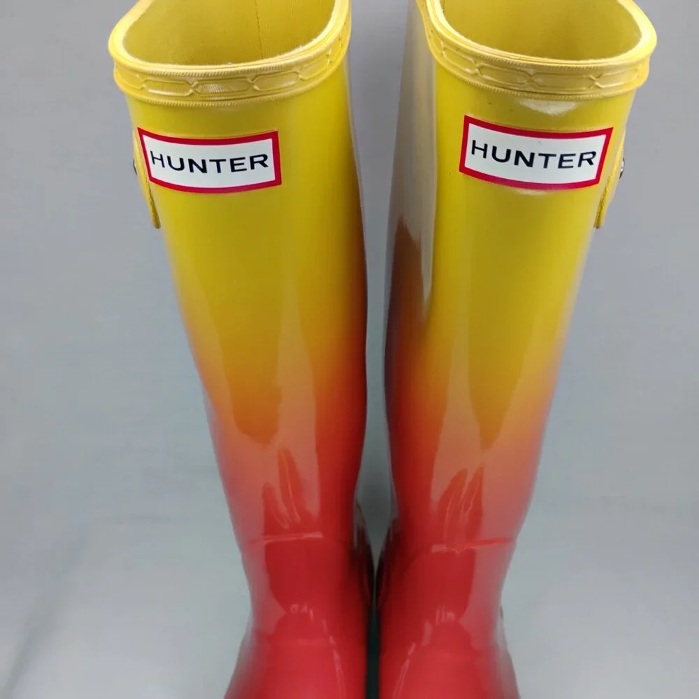 Hunter Boots Rain Tall Glossy Wellies Like New Rare Sunset Ombre Coral Yellow 7 - Picture 6 of 16